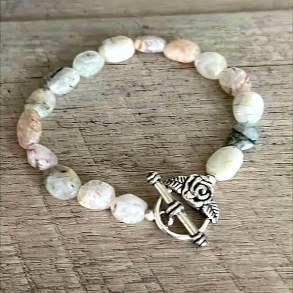 NEW Artisan Bracelet Rutilated Quartz with Silver Rose Toggle Clasp - Picture 4 of 4
